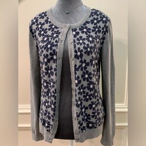 Tommy Hilfiger Navy Flowered Gray Cardigan Sweater Size Medium 100% cotton